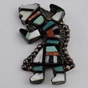 Native American Zuni Rainbow Dancer/God Brooch Sterling Stone Inlay Turquoise +